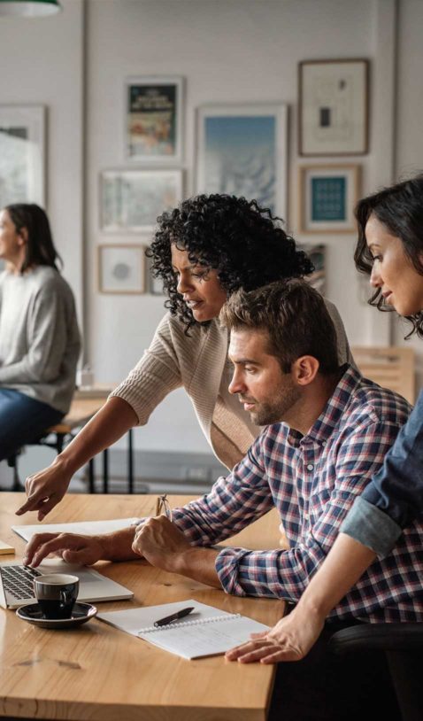 A group of people having a discussion about something on a computer
